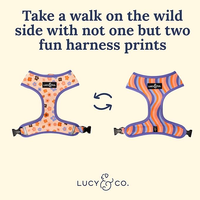 Lucy & Co. Purple with Coral Floral Wave, Cute Reversible Dog Harness Walking Halter - Best Designer Pet Harnesses for XS - XL Dogs - Padded Adjustable Vest for Easy Walking (Medium)