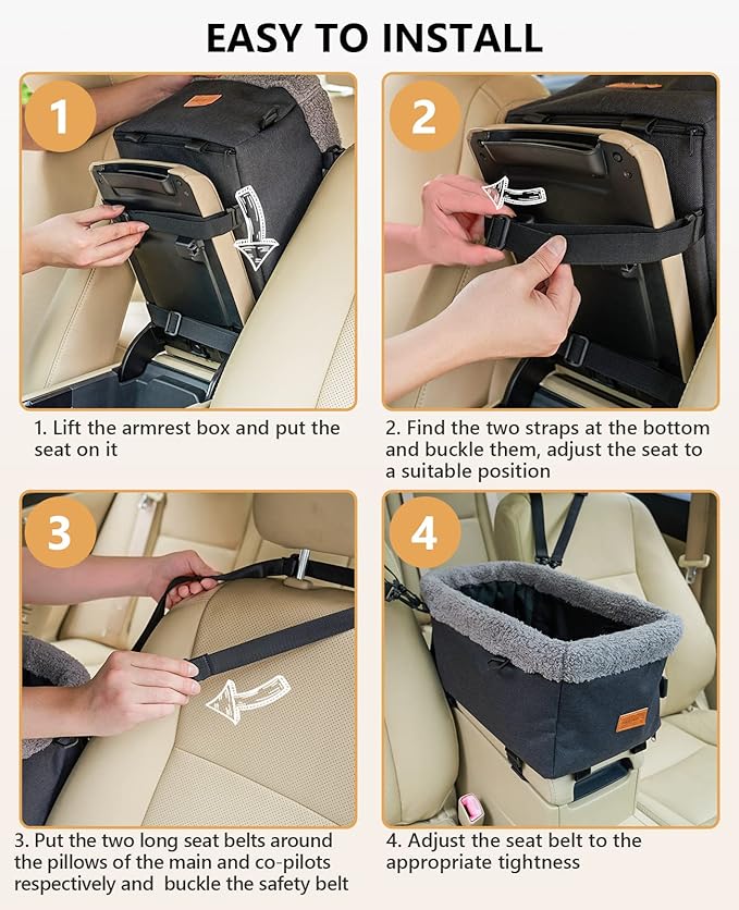 BurgeonNest Dog Car Seat for Small Dog, Center Console Pet Booster Seat with Metal Frame, Upgraded Puppy Carseat with Double Protection Seat Belts, Washable Cushion, Safety Leash and Storage Pocket