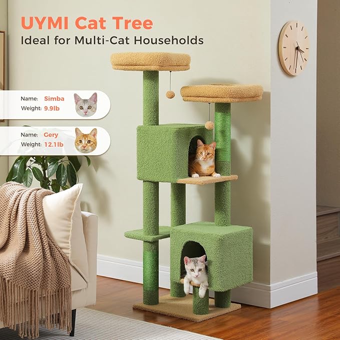 Cactus Cat Tree, 52.4 Inch Multi-Level Cat Tower for Indoor Cats with Dual Padded Top Perches, 2 Condos & Scratching Posts, Plush Cat Furniture for Kittens and Medium Cats, Green