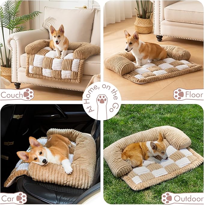 Dog Bed for Couch with Bolster, Comfy Couch Cover for Dogs Washable, Non-Slip Plush Furniture Protector, Calming Fuzzy Lounge Mat, Pet Sofa Accessories (Camel, Small)