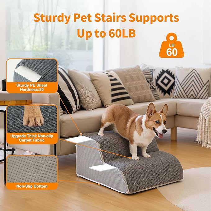 2-Steps Dog Stairs for Bed and Couch, Wider Pet Stairs for Small Old Large Dogs Cats, 30°Steady Non-Slip Dog Steps, Washable Dog Ramp with Removable Cover, PE Boards