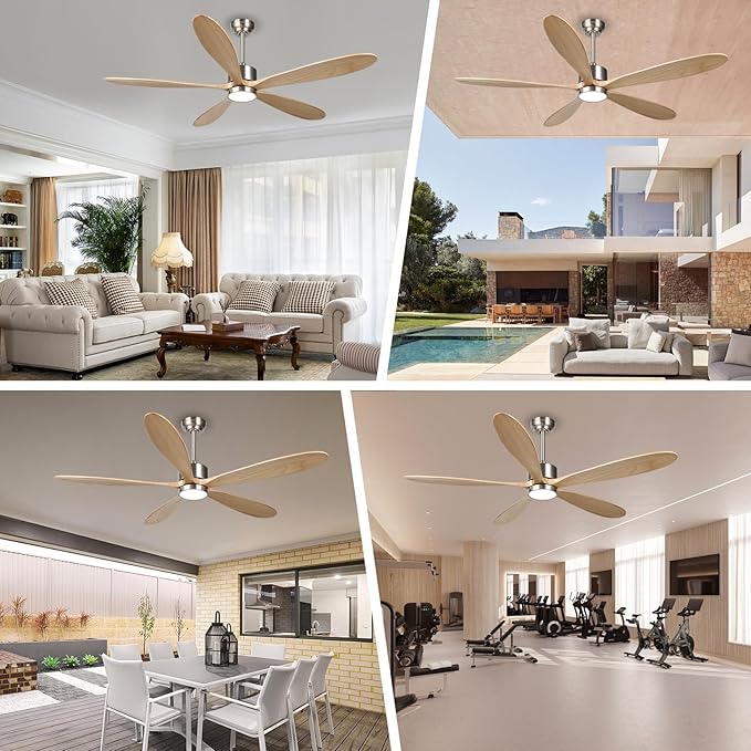 reiga 60 Inch Large DC Motor Outdoor Ceiling Fan with Dimming LED Light Kit, Alexa, Google Home, App and Remote Control, 5 Natural Wood Propeller Blades for Patio Garage Farmhouse and Porch