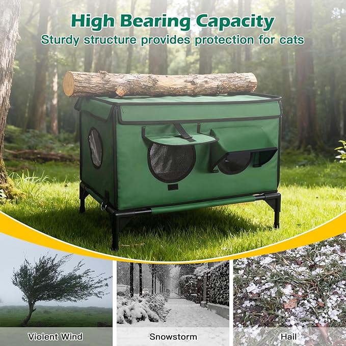 Heated Cat House for Outside Winter, Insulated & Weatherproof, Elevated Heated Cat Shelter with Heating Pad, Escape Door & 4 Windows, Warm House for Outdoor Stray Feral Barn Cats (Green, 26"x16"x20")