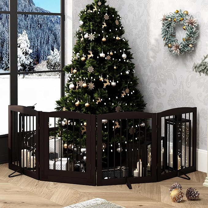 Freestanding Dog Gate with Door, Pet Gate for Stairs, 80 inch Wide Pet Barrier Indoor, Dog Fences Indoor, Support Feet Included, 4 Panels, 24" Tall, Dark Brown