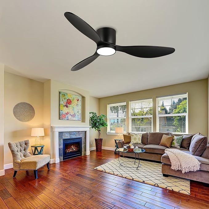 reiga 52 Inch Wood Black Modern Flush Mount Indoor Ceiling Fan with Light and Remote, 3 Propeller Blade, Quiet DC Motor for Bedroom Living Room