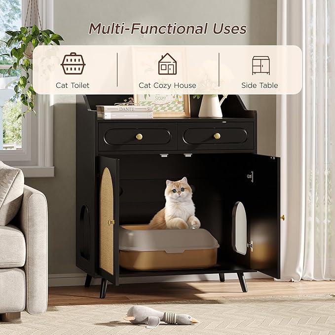Cat Litter Box Enclosure Furniture, Wooden Hidden Litter Box Furniture with Double Rattan Scratching Board Doors, 2 Drawers, Litter Box Cabinet, Cat Cabinet, Black