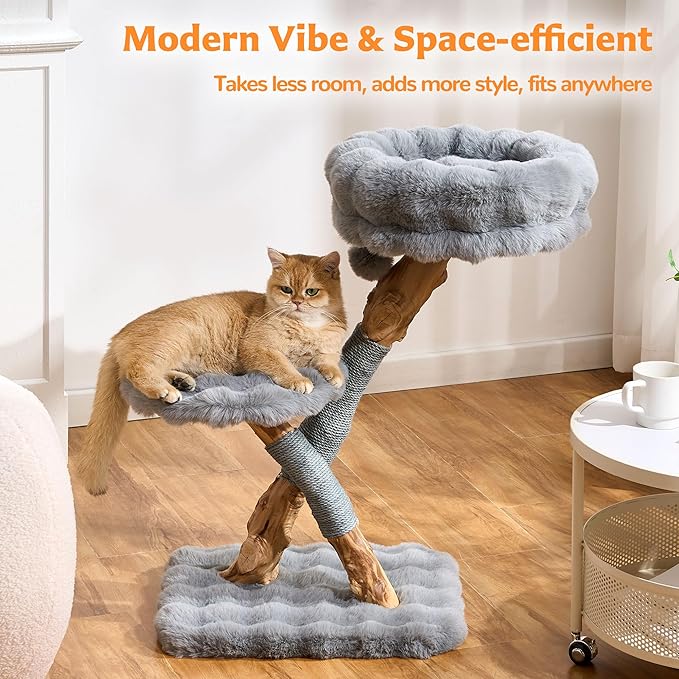 Cat Tree Modern Sturdy Solid Wood Cat Tower for Large Cat with Scratching Post for Indoor, Multifunctional Cat Tower with Cozy Bed and Platforms
