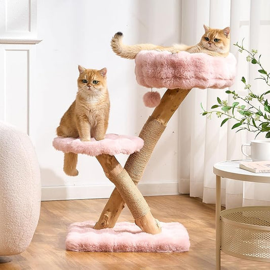 Cat Tree Modern Sturdy Solid Wood Cat Tower for Large Cat with Scratching Post for Indoor, Multifunctional Cat Tower with Cozy Bed and Platforms