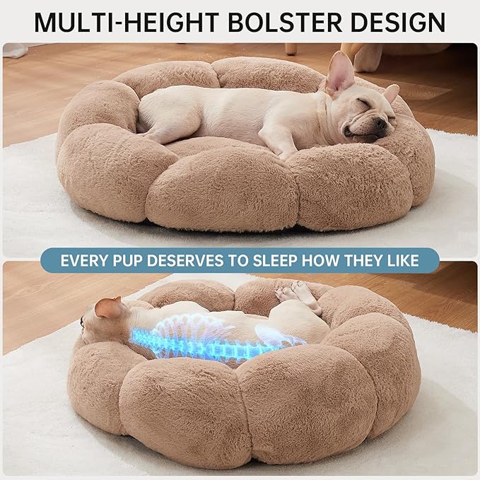 OhGeni 27 inches Calming Donut Dog & Cat Bed for Medium Pets, Warming Comfort Fluffy Short Pile Fur, Durable Machine Washable Round Bed, Cute Round Bed for Puppy and Kitten, Camel