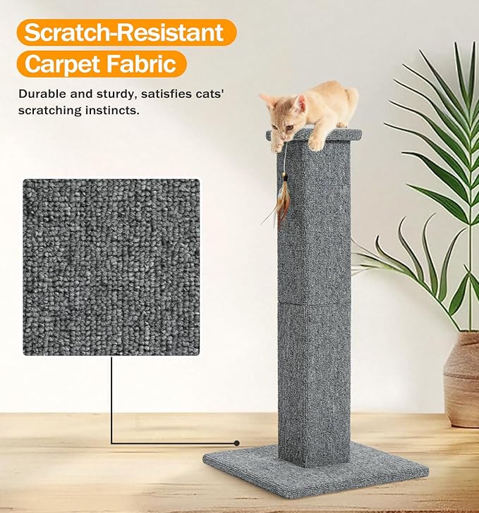 Made4Pets Cat Scratching Post, 32 Inch Carpet Covered Cat Scratcher with Kitten Toy, Tall Scratching Post for Indoor Cats Adults and Kittens, Grey