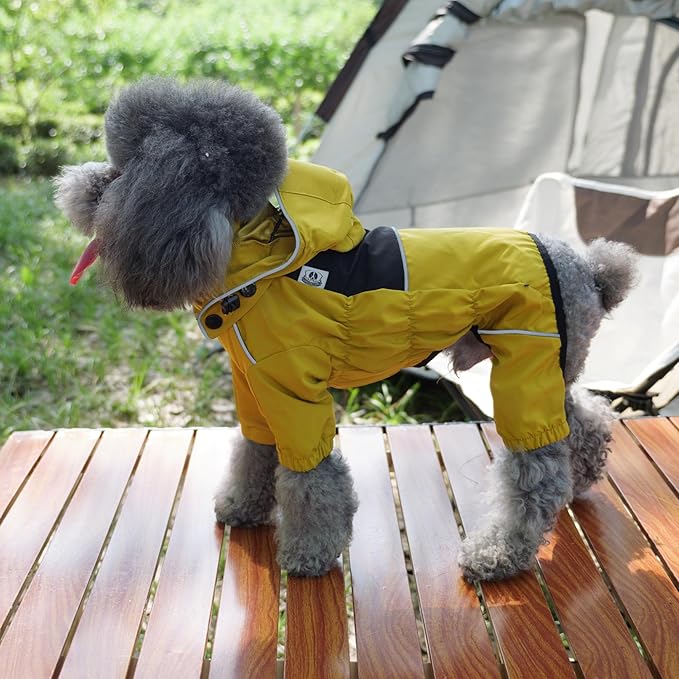 LOVELONGLONG Waterproof Dog Raincoat with Removable Hood – Outdoor Full Body Dog Jacket, Windproof Snowproof Shell Suit – All Season Pet Rain Gear Mustard Yellow XL