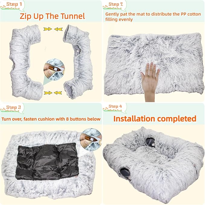XxingSheep 4 Cave Shuttled XL Cat Tunnel Bed for Indoor Cats Peekaboo Toy Donut with Warm Mat, Azure Blue