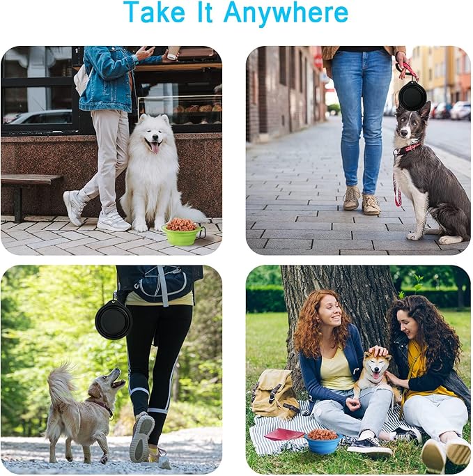 PetBonus 2-Pack Large Silicone Collapsible Dog Bowls, 34oz/1000ml BPA Free Portable Foldable Travel Bowl for Pet Cat, Food Water Feeding Dish for Camping with 2 Carabiners (Turquoise, Tan)