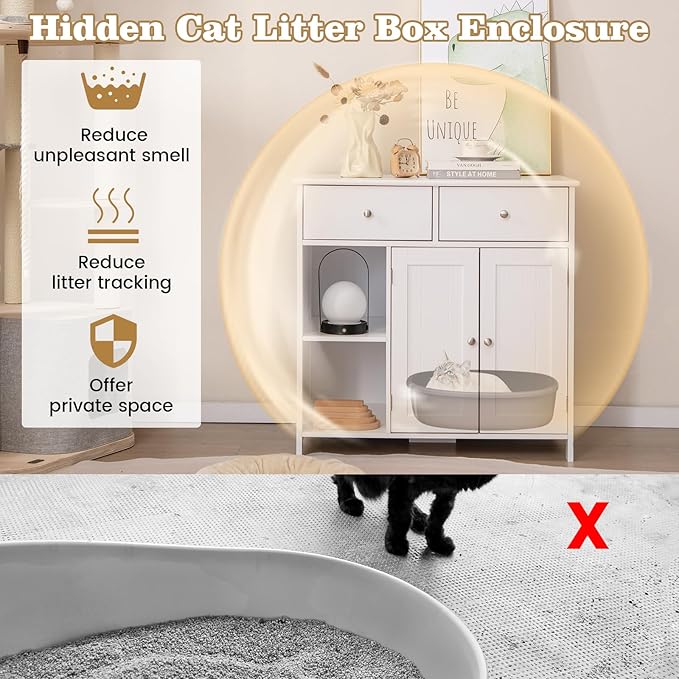 Tangkula Litter Box Enclosure, 31.5 Inch Enclosed Cat Box Cabinet with 2 Storage Drawers, Double Doors & 2 Open Shelves, Hidden Cat Washroom, Modern Cat Litter Box Furniture for Indoor Cats