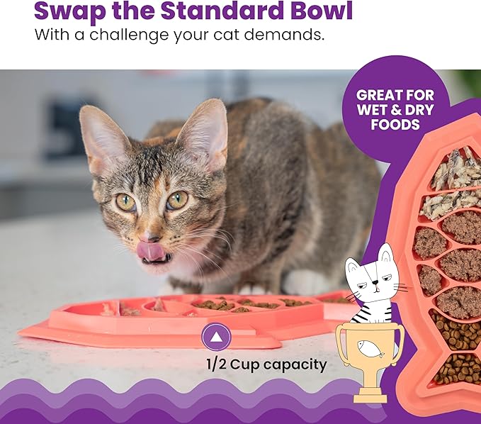 Catstages Fishie Fun Feed Mat – Non-Slip Slow Feeder Mat for Cats with Catnip, Crinkle Sounds & Engaging Play, ½ Cup Food Capacity, Pink