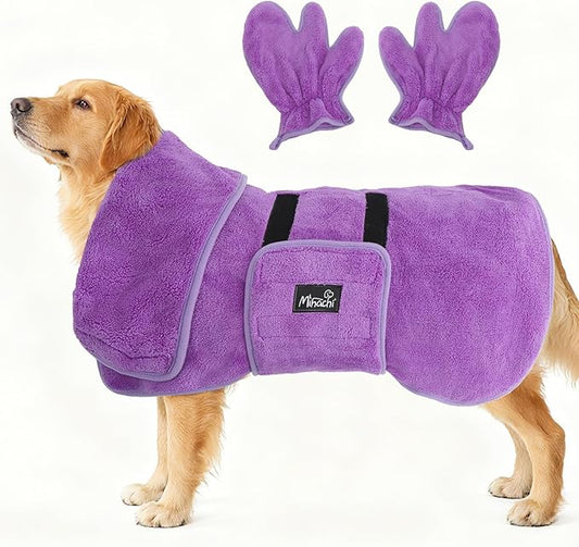 Mihachi Dog Bathrobe Towel Wrap Fast Drying with Drying Gloves Set, Super Absorbent Coral Fleece Dog Drying Coat Bath Robe for Puppy, Medium & Large Dogs, Adjustable Collar & Belly Strap, Purple L