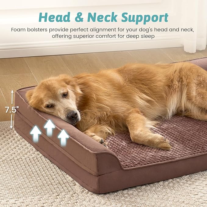 Orthopedic Dog Bed for Large Size Dog, XL Dogs Crate Bed, L Shaped Foam Anti-Slip Bottom Pet Cat Sofa with Washable Removable Cover, Suitable for Pet Up to 100 lbs, 44x32x7 inch, Brown