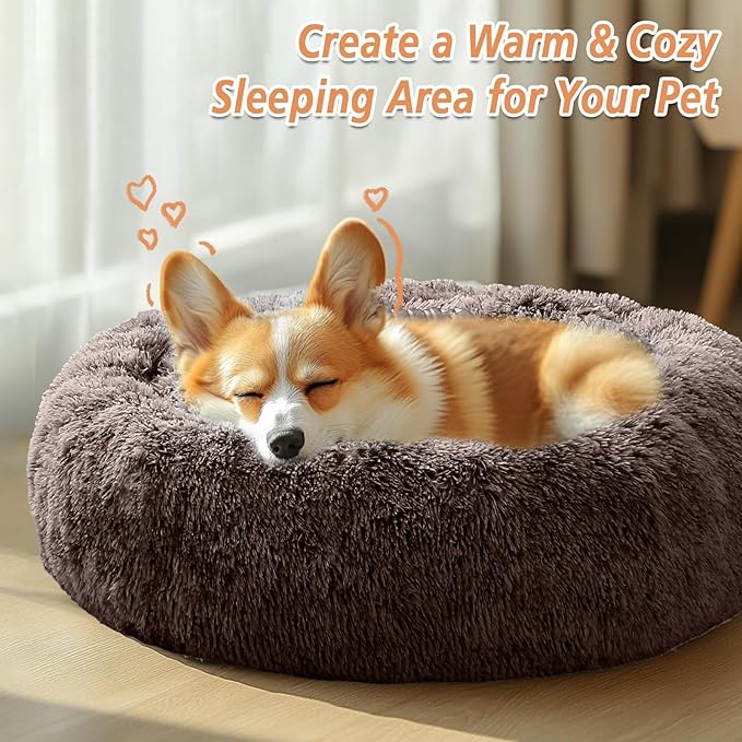 JOLLYVOGUE Calming Dog Bed for Small Dogs - 23 inches Donut Washable Small Dog Bed for Kittens & Puppies, Anti-Slip Round Fluffy Plush Faux Fur Cat Beds (Fits up to 25 lbs Pets)