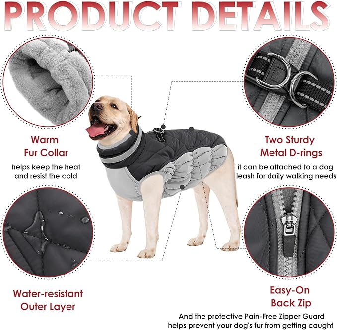 AOFITEE Dog Coat, Warm Dog Winter Coat for Small Dogs, Reflective Turtleneck Dogs Jacket with Harness Built in, Waterproof Windproof Pet Fleece Vest Snow Jacket for Cold Weather, Grey S