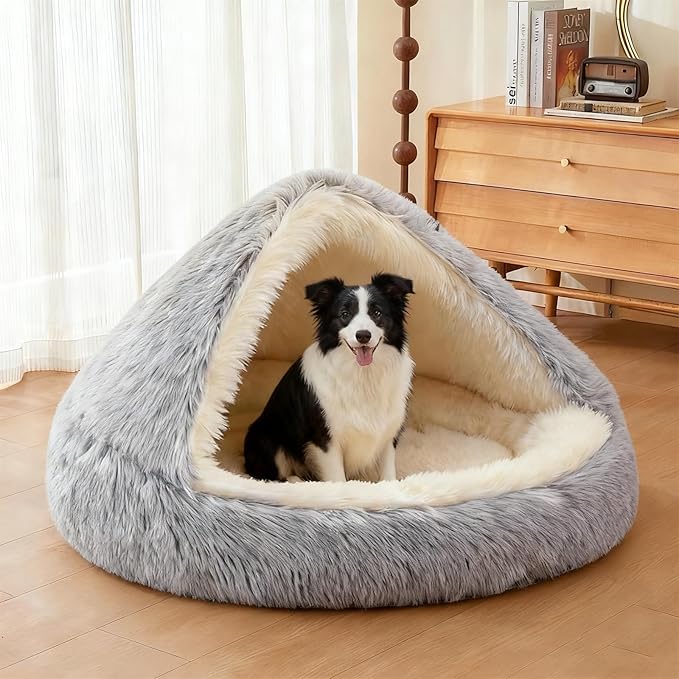 ShinHye Round Plush Fluffy Hooded Cat Bed Cave, Cozy for Indoor Cats or Small Dogs, Waterproof Bottom, Washable（30 in）