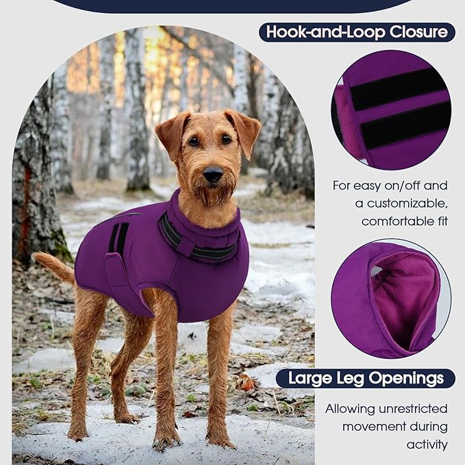 IECOii XXXL Dog Coat for Large Dogs Waterproof Dog Jacket with Collar Built in, Reflective Winter Jacket with Fleece Lined Warm Cold Weather Coats for Extra Large Dogs, Great Dane, Purple - 3XL