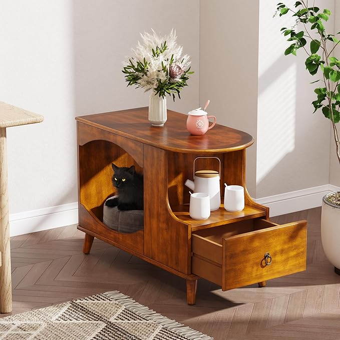 Farmhouse Cat Litter Box Enclosure End Table with Drawer and Open Space, Wood Beside Table, Hidden Litter Box Furniture,15.7" x 31.5" x 23.2" for Living Room, Hallway, Walnut Brown MGBJ-A1359-MG