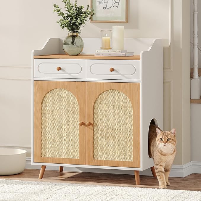 Cat Litter Box Enclosure Furniture, Wooden Hidden Litter Box Furniture with Double Rattan Scratching Board Doors, 2 Drawers, Litter Box Cabinet, Cat Cabinet, Natural