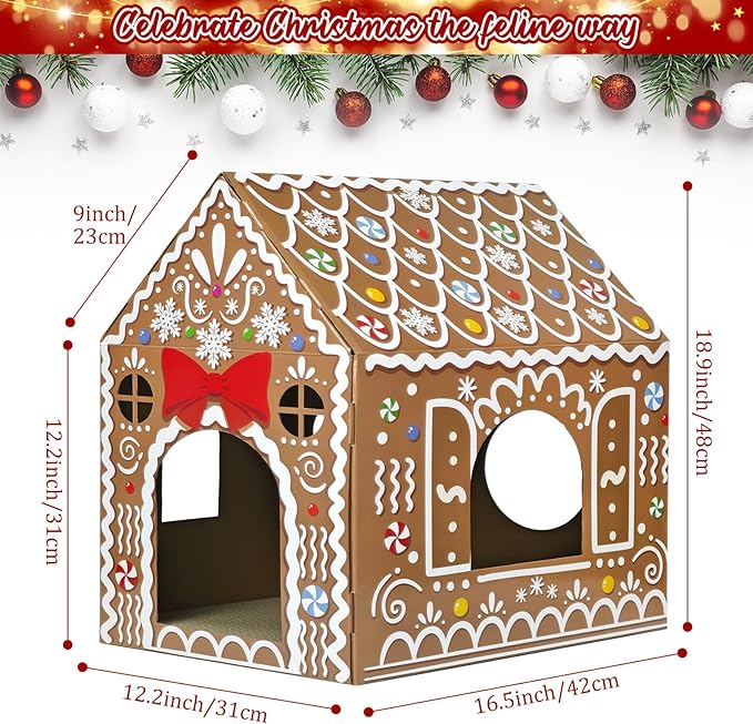 Cinrobiye Christmas Cardboard Cat House with Scratcher Pet Gingerbread Board Bed Cave Playhouse Hideaway Hideout Condo Decor Small Animals Scratch Box for Indoor Cats Kittens Rabbits Bunny (Brown, 1)