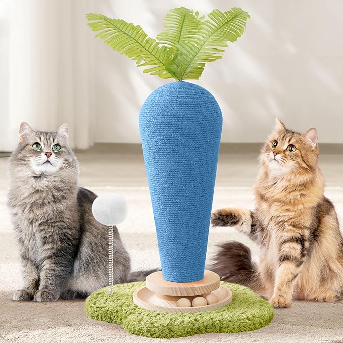 Cute Cat Scratching Post, Carrot Cat Scratcher Post with Durable Natural Wooden Turntable Toy and Catnip, 24'‘ H Blue Carrot Shape Design Sisal Cat Tree Sisal Scratcher for Indoor Cats (Cloud Base)