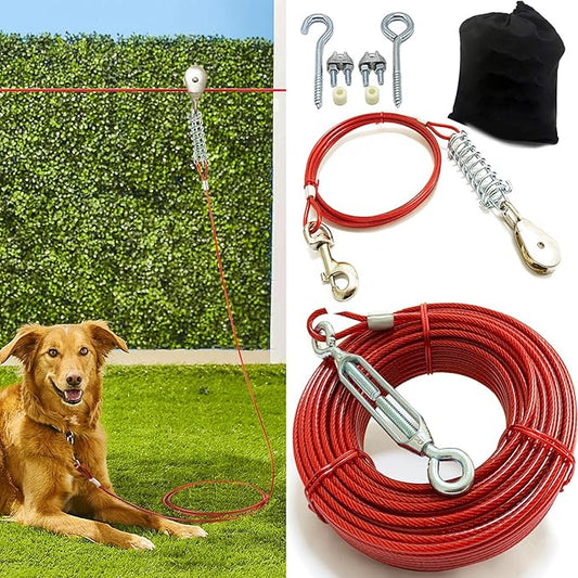 Dog Tie Out Runner with Heavy Duty Aerial Trolley System for Small to Large Dogs - 100ft Run Cable Zipline with 10ft Cable Great for Yard Camping Outdoor