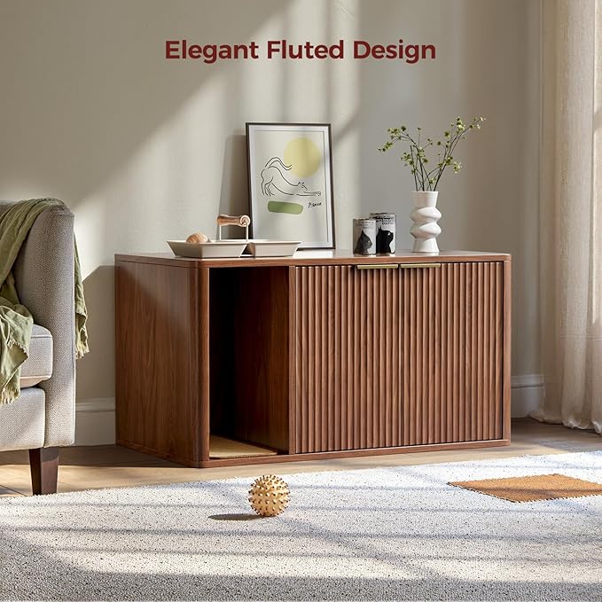 Evermagin 35.4" Walnut Cat Litter Box Enclosure Furniture with Cat Scratch Pad, Large Hidden Litter Box Cabinet, Front Entry Can Install Left/Right, Mid Century Modern Kitty End Table, Kitty Bench