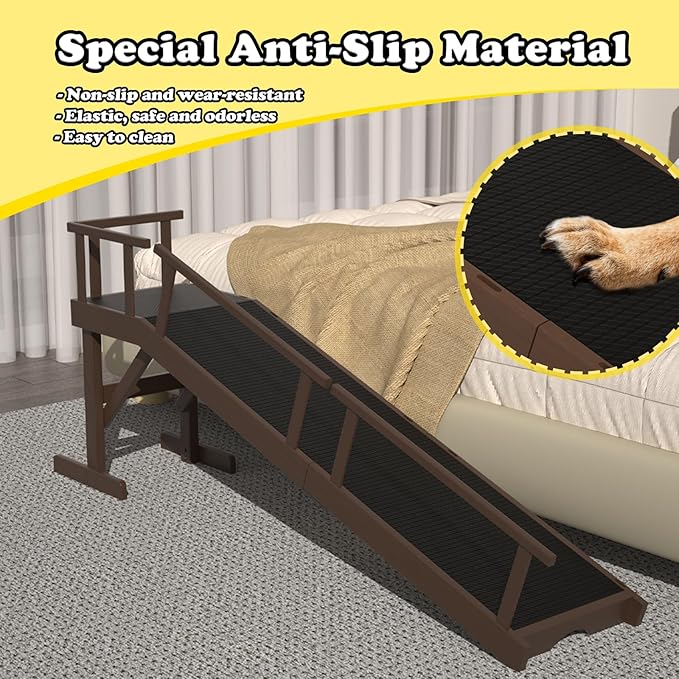 20" Height Dog Ramp for Bed, 61" Long Large Pet Ramp with Non-Slip Surface, Wooden Dog Ramp with Removable Rail & Rest Platform, Also as Dog Stairs for Small Senior Dogs with Glow Strips, Brown