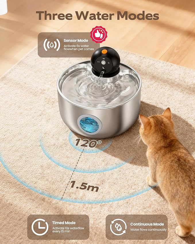 Wireless Cat Water Fountain Cordless: Stainless Steel Cat Fountains for Drinking - 88oz/2.6L Battery Operated Pet Water Fountain Indoor with Motion Sensor - Rechargeable Automatic Water Dispenser
