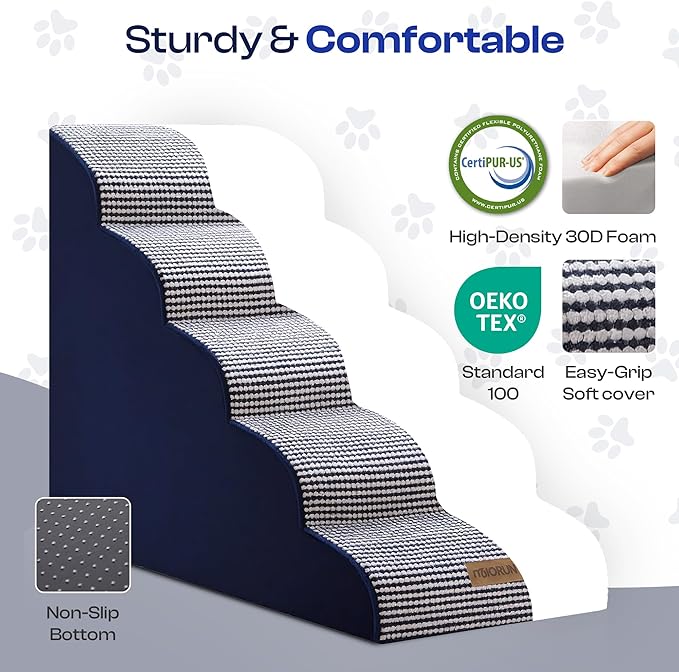 Curved Dog Stairs for High Bed Up to 26", 5-Step Dog Ramp for Small Dogs with Washable Cover, Non-Slip Steps for Cats to Get on Couch and Sofa, Durable Foam Ladder for Medium Breeds, White Navy