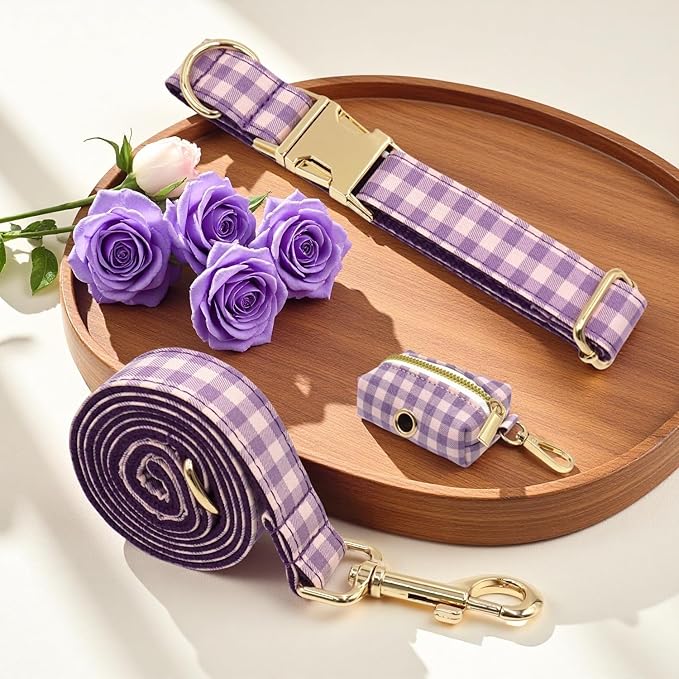 PETDURO Personalized Dog Collar Purple Gingham Plaid for Large Medium Dogs | Engraved Name and Phone Number on Gold Metal Buckle for Girls | Add Leash & Bow Tie via Customize Now