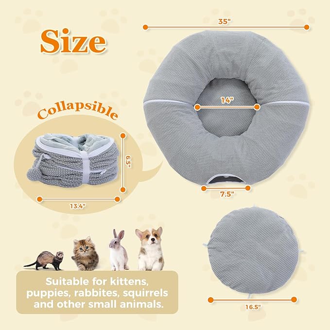 PEQULTI Cat Donut Tunnel with Bed for Indoor Cats, Cat Play Tunnel with Washable Soft Plush Mat, Round Tube Toys Cute Tube for Kittens, Puppies, Rabbits and Ferrets, Grey