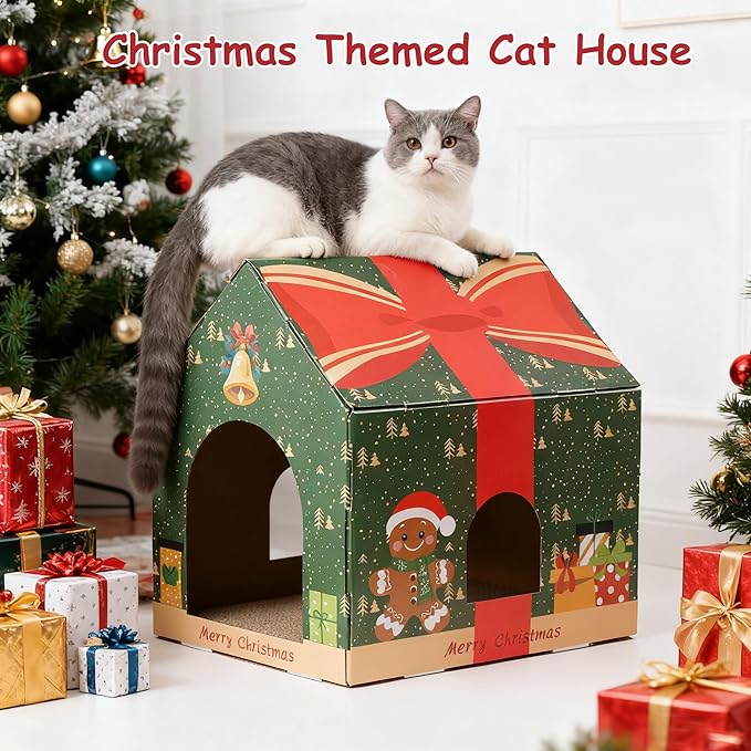 Cat Scratching House, Christmas Theme Scratcher Cardboard, Lounge Bed for Indoor Rest & Play, House Scratcher Pad (Green, 14.4 "L X 15" W X 11.8" H)
