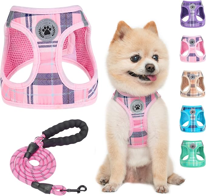 BEAUTYZOO Small Dog Harness and Leash Set,Step in No Choke No Pull Soft Mesh Dog Harnesses Reflective for Extra-Small Medium Puppy Dogs and Cats, Plaid Dog Vest Harness for XS S Pets, Pink XS