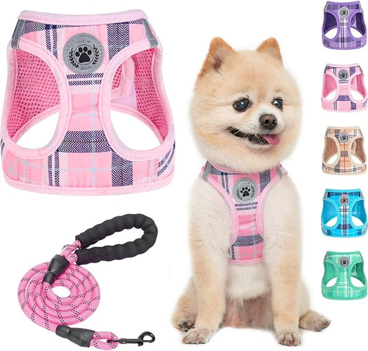 BEAUTYZOO Small Dog Harness and Leash Set,Step in No Choke No Pull Soft Mesh Dog Harnesses Reflective for Extra-Small Medium Puppy Dogs and Cats, Plaid Dog Vest Harness for XS S Pets, Pink XS