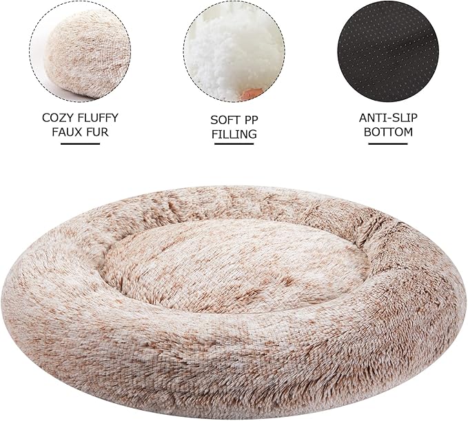 Bedfolks Calming Donut Dog Bed, 45 Inch Round Plush Bed for Extra Large Dogs, Anti-Anxiety, Washable with Non-Slip Bottom (Brown, Extra Large)