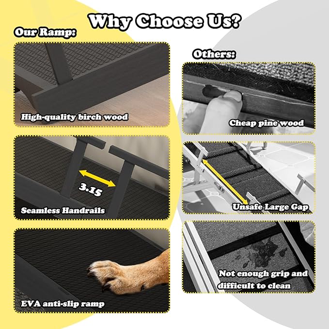 20" Height Dog Ramp for Bed, 61" Long Large Pet Ramp with Non-Slip Surface, Wooden Dog Ramp with Removable Rail & Rest Platform, Also as Dog Stairs for Small Senior Dogs with Glow Strips, Black