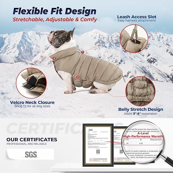 SPACE LION Dog Puffer Jacket, Down Winter Coat, Durable Outdoor Coat for Cold and Windy Conditions, Lightweight & Adjustable Fit Coats for Small Dogs, (Khaki, Size8/XS)