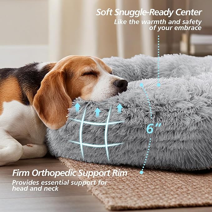 JOLLYVOGUE Calming Small Dog & Cat Bed for Indoor Cats - 20 inches Washable Donut Bed for Kittens & Puppies, Anti-Anxiety Round Fluffy Plush Pet Beds (Fits up to 15 lbs, Grey)