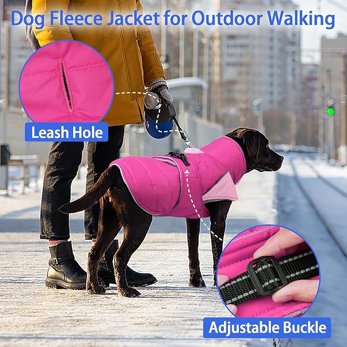 MIGOHI Snowproof Dog Coat - Thick Fleece Dog Jacket with Adjustable Collar, Keep Warm Winter Coat for Medium Dogs Cold Weather Walking Playing,Australian Shepherd,XL,Rosepink