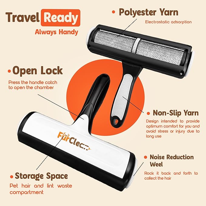 FurClean Pet Hair Remover Roller – Reusable Dog & Cat Hair Remover for Furniture, Couch & Bedding – Portable Multi-Surface Lint Roller for Pet Hair Removal.