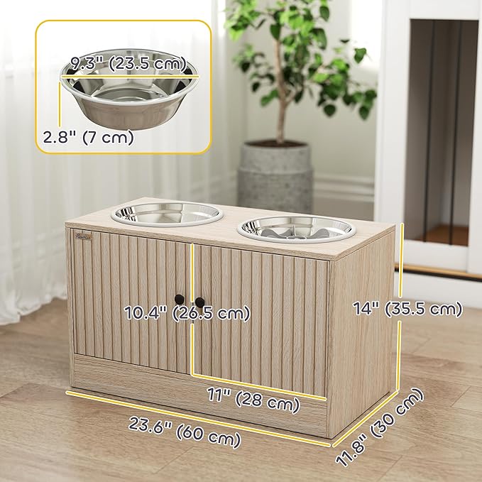PawHut Elevated Dog Bowls with Storage Cabinet, Raised Dog Bowl Stand, Pet Feeding Station with Slow Feeder & Non-Slip, for Large Pets, Oak