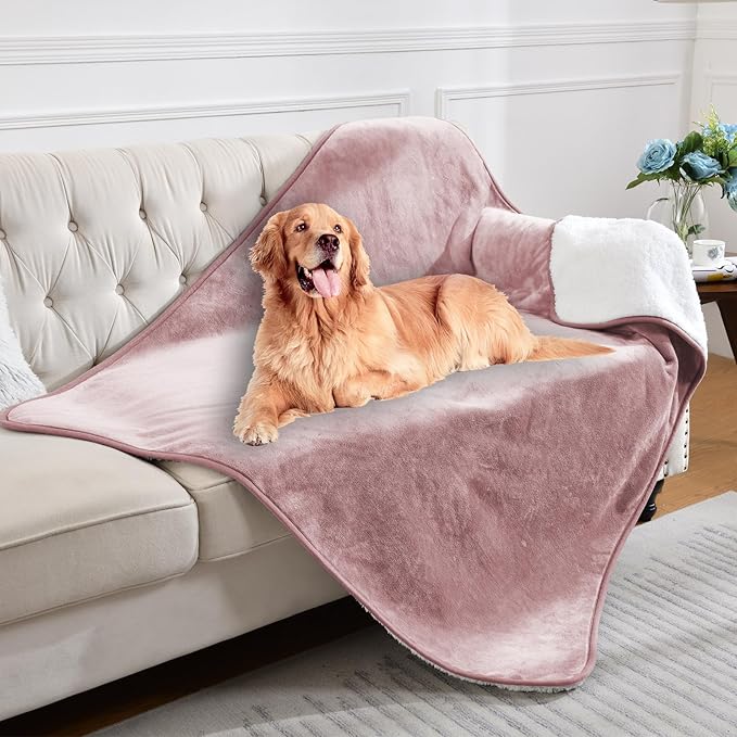 Waterproof Blanket for Bed Couch Sofa, Soft Liquid Pee Proof Pet Blanket for Dog Puppy Cat, Reversible Sherpa Fleece Furniture Protector (Dusty Pink, 50x60 inches)