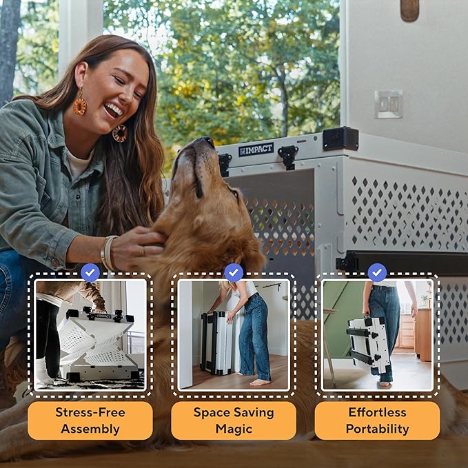 Impact Collapsible Dog Crate - Foldable Hard Crate for Extra Large Dogs - Heavy Duty Travel Kennel with Powder-Coated Aluminum - Quick Setup for Indoor & Outdoor (Gray, 40"+ (40.5" L x 27.5”W x 34" H)