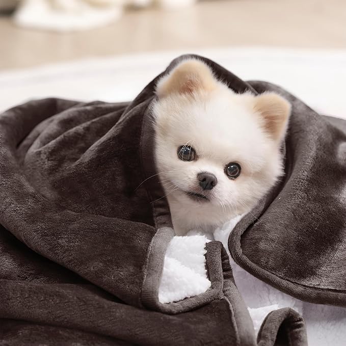 gogobunny Waterproof Bed Blanket, Reversible Sherpa Fleece Throw Blanket for Dog Puppy Cat, Furniture Cover Protects Bed Couch Sofa from Liquid Pee and Pet Fur (Dark Brown, 30x70 inches)