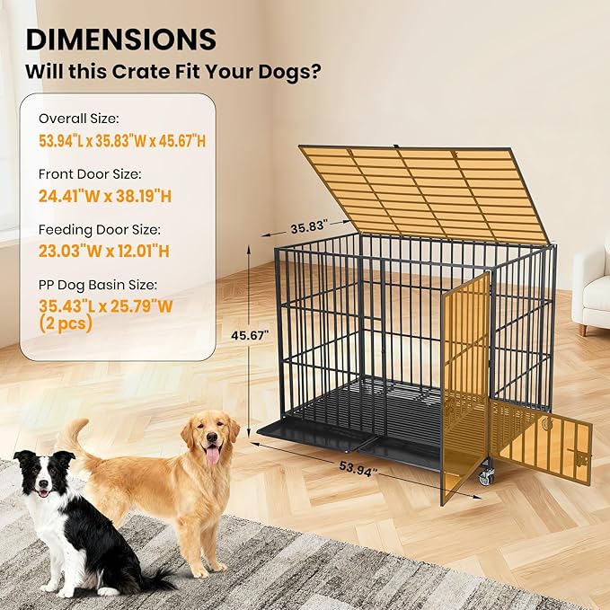Garvee 54 Inch Heavy Duty Dog Crate, Metal Escape Proof Dog Kennel Indoor with 3 Doors, Removable Tray, Extra Large Dog Cage with Wheels for Large and Medium Dogs, Black